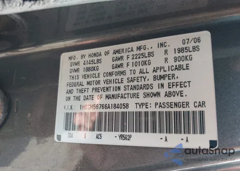 2006 Honda Accord 2.4 Ex z USA, uszkodzony, nr VIN 1HGCM56766A184058